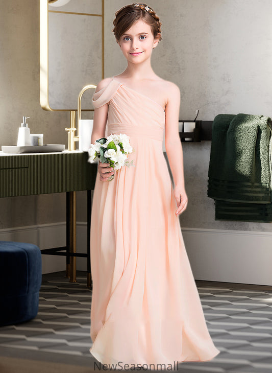 Evelyn A-Line One-Shoulder Floor-Length Chiffon Junior Bridesmaid Dress With Ruffle HEP0013594