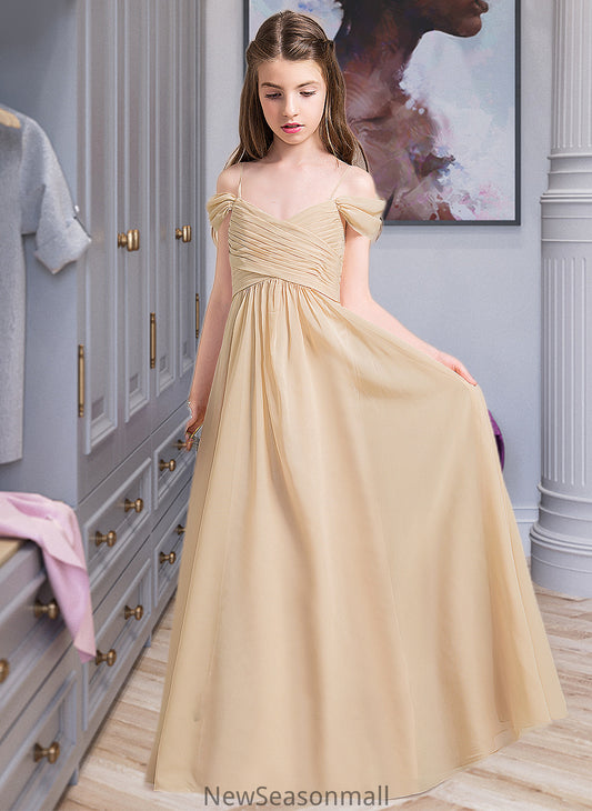 Kinsley A-Line Off-the-Shoulder Floor-Length Chiffon Junior Bridesmaid Dress With Ruffle HEP0013595