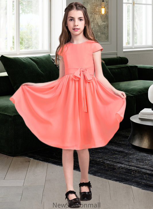 Audrey A-Line Scoop Neck Knee-Length Chiffon Junior Bridesmaid Dress With Bow(s) HEP0013596