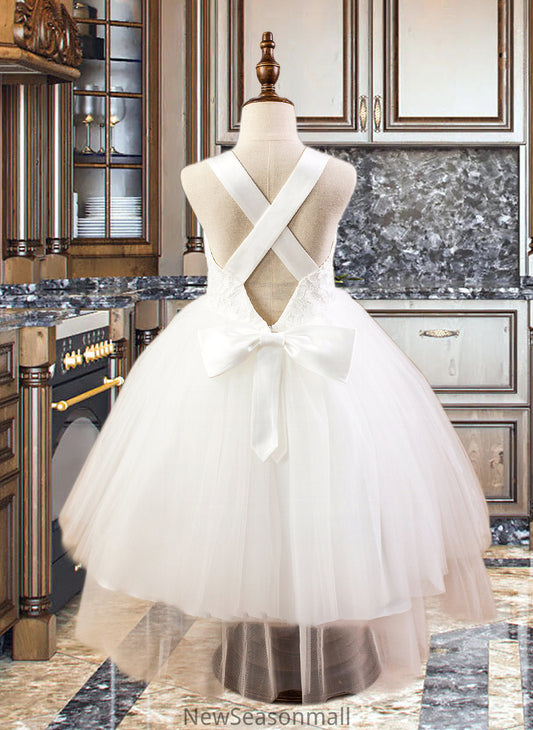 Elsie Ball-Gown/Princess Sweetheart Tea-Length Satin Tulle Lace Junior Bridesmaid Dress With Bow(s) HEP0013597