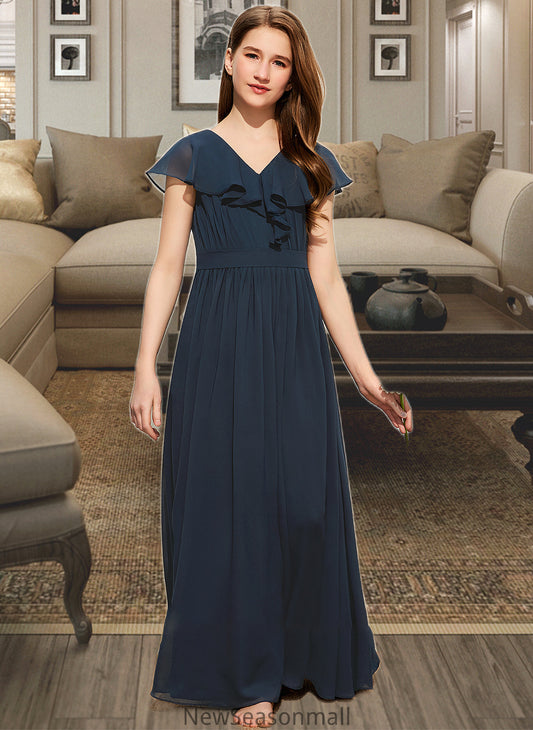 Pauline A-Line V-neck Floor-Length Chiffon Junior Bridesmaid Dress With Bow(s) Cascading Ruffles HEP0013599