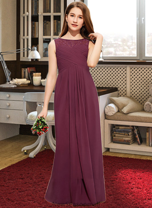 Marisol A-Line Scoop Neck Floor-Length Chiffon Lace Junior Bridesmaid Dress With Ruffle Bow(s) HEP0013600