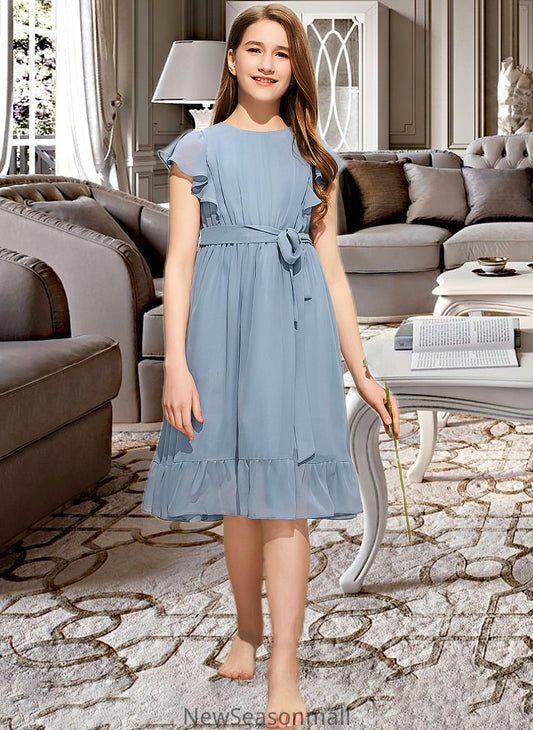 Braelyn A-Line Scoop Neck Knee-Length Chiffon Junior Bridesmaid Dress With Bow(s) Cascading Ruffles HEP0013601