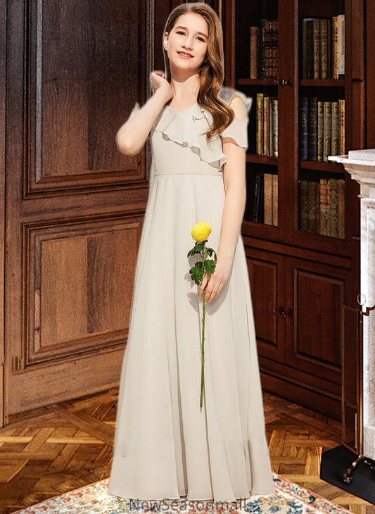 Geraldine A-Line V-neck Floor-Length Chiffon Junior Bridesmaid Dress With Cascading Ruffles HEP0013603