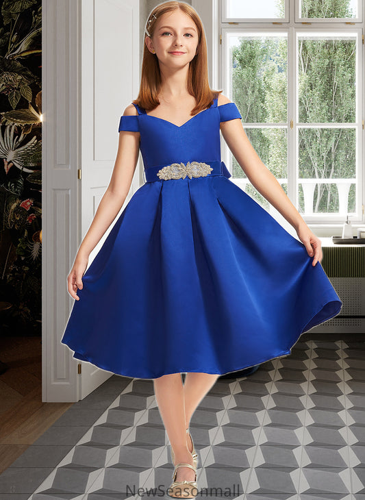 Luciana A-Line Off-the-Shoulder Knee-Length Satin Junior Bridesmaid Dress With Beading Bow(s) HEP0013605