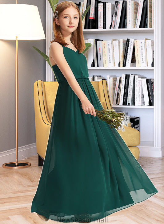 Marilyn A-Line V-neck Floor-Length Chiffon Junior Bridesmaid Dress With Ruffle HEP0013606