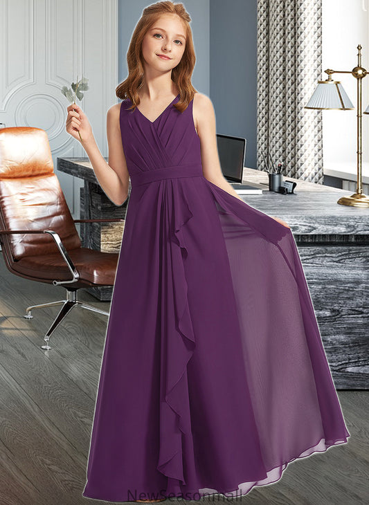 Madeleine A-Line V-neck Floor-Length Chiffon Junior Bridesmaid Dress With Ruffles HEP0013607