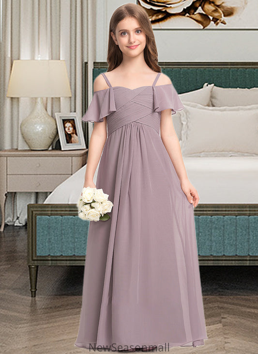 Millicent A-Line Off-the-Shoulder Floor-Length Chiffon Junior Bridesmaid Dress With Ruffle HEP0013610