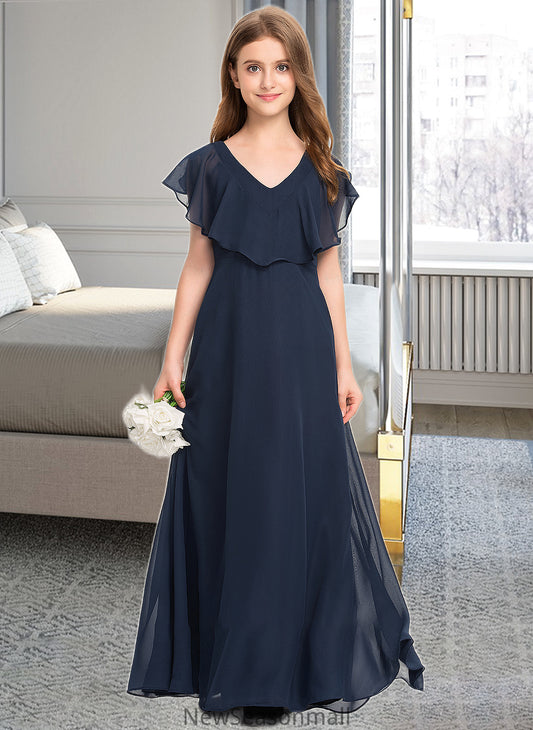 Ainsley A-Line V-neck Floor-Length Chiffon Junior Bridesmaid Dress HEP0013611