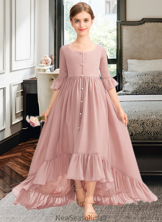 Lillianna A-Line Scoop Neck Asymmetrical Chiffon Junior Bridesmaid Dress With Bow(s) Cascading Ruffles HEP0013612