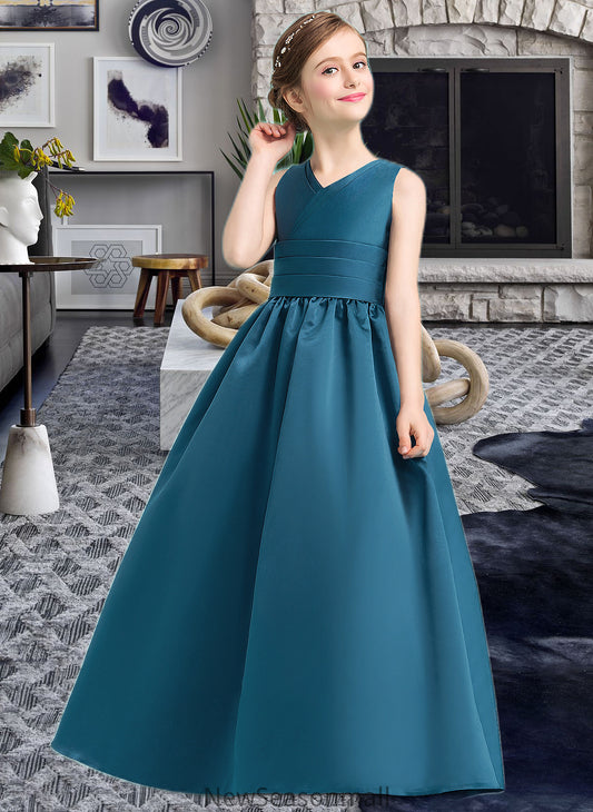 Setlla Ball-Gown/Princess V-neck Floor-Length Satin Junior Bridesmaid Dress With Ruffle HEP0013613