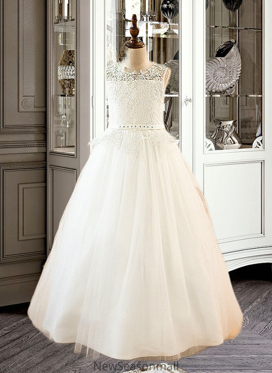 Aracely Ball-Gown/PrincessScoopNeckFloor-LengthTulleJuniorBridesmaidDressWithSashBeading#136423 HEP0013615