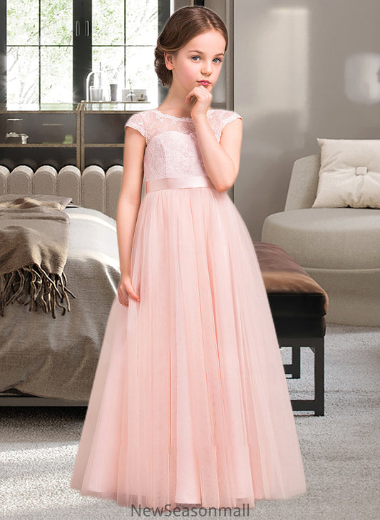 Natasha A-Line Scoop Neck Floor-Length Tulle Lace Junior Bridesmaid Dress With Bow(s) HEP0013619