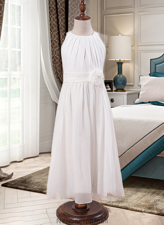 Renata A-Line Scoop Neck Ankle-Length Chiffon Junior Bridesmaid Dress With Flower(s) HEP0013621