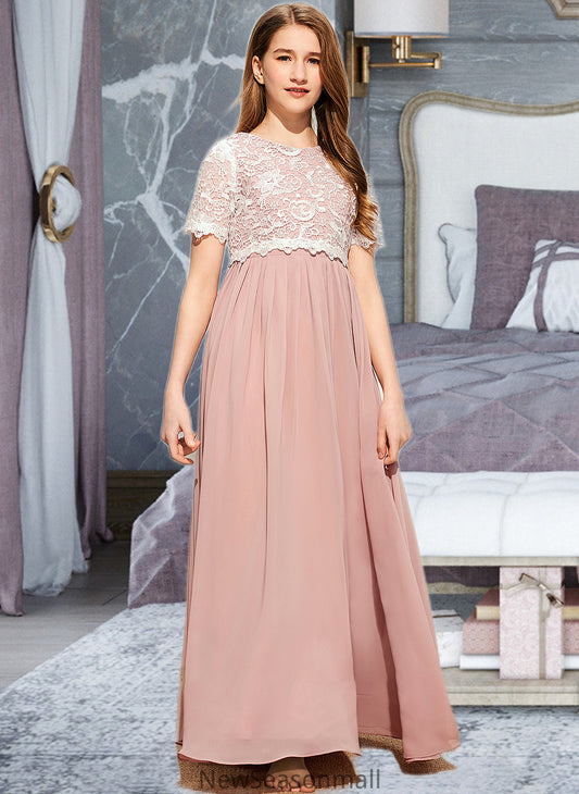 Bridget A-Line Scoop Neck Floor-Length Chiffon Lace Junior Bridesmaid Dress HEP0013623