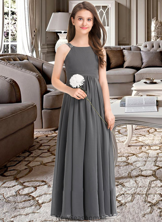 Rosalie A-Line Scoop Neck Floor-Length Chiffon Junior Bridesmaid Dress With Ruffle Lace HEP0013625