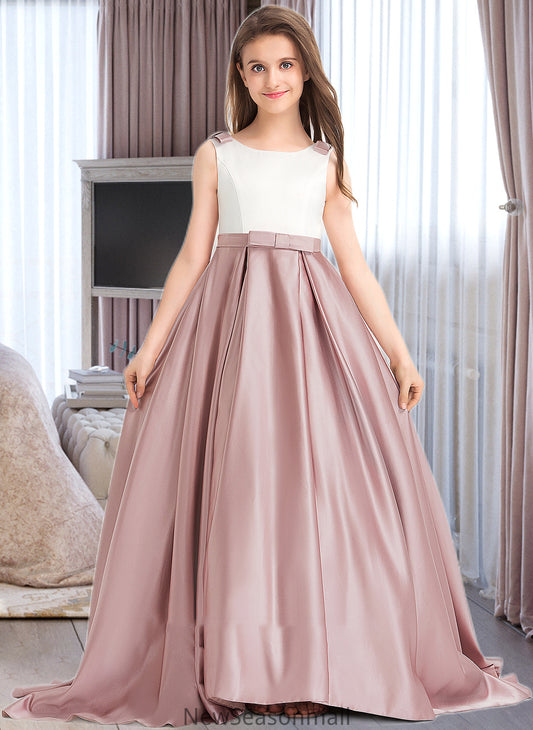 Carolina Ball-Gown/Princess Scoop Neck Sweep Train Satin Junior Bridesmaid Dress With Bow(s) Pockets HEP0013626