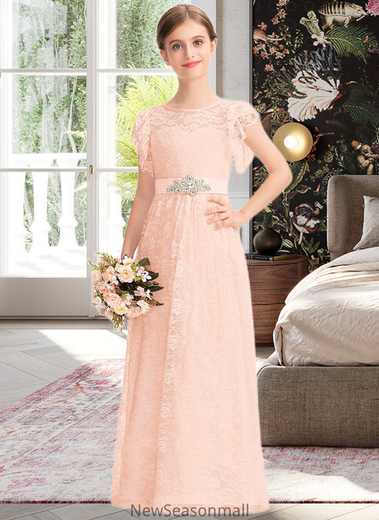 Dominique A-Line Scoop Neck Floor-Length Lace Junior Bridesmaid Dress With Beading Bow(s) Cascading Ruffles HEP0013627