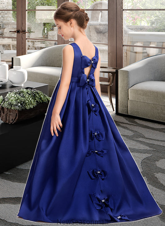 Rosalyn Ball-Gown/Princess Scoop Neck Sweep Train Satin Junior Bridesmaid Dress With Bow(s) HEP0013628