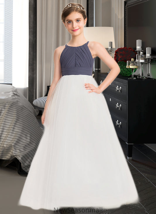 Jayda A-Line Scoop Neck Floor-Length Chiffon Tulle Junior Bridesmaid Dress With Ruffle HEP0013629