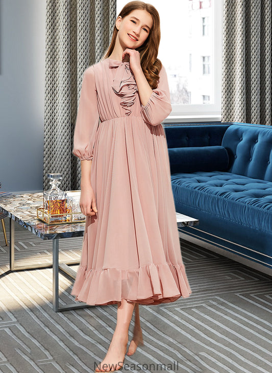 Nylah A-Line Scoop Neck Tea-Length Chiffon Junior Bridesmaid Dress With Bow(s) Cascading Ruffles HEP0013638