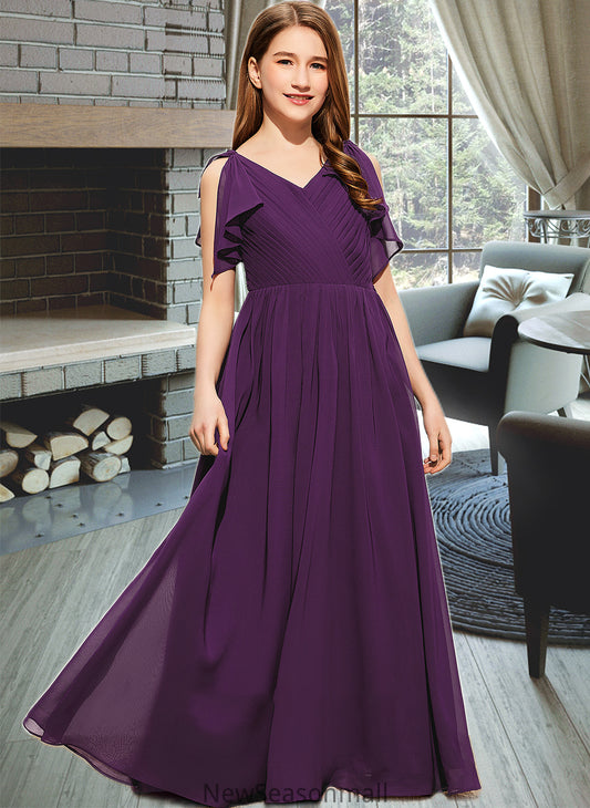 Kennedy A-Line V-neck Floor-Length Chiffon Junior Bridesmaid Dress With Bow(s) Cascading Ruffles HEP0013639