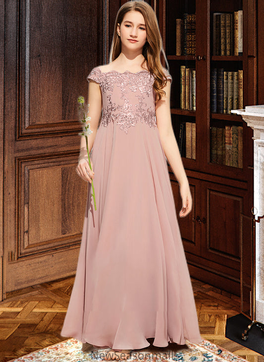 Belinda A-Line Off-the-Shoulder Floor-Length Chiffon Lace Junior Bridesmaid Dress HEP0013640