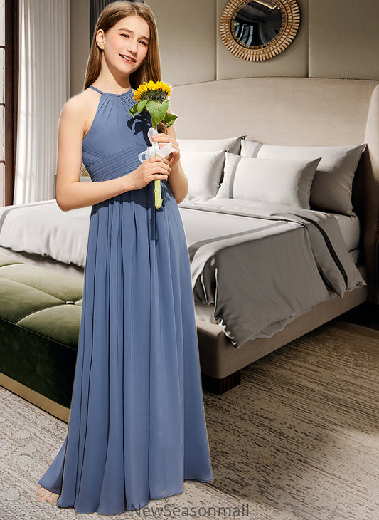 Jane A-Line Scoop Neck Floor-Length Chiffon Junior Bridesmaid Dress With Ruffle HEP0013641