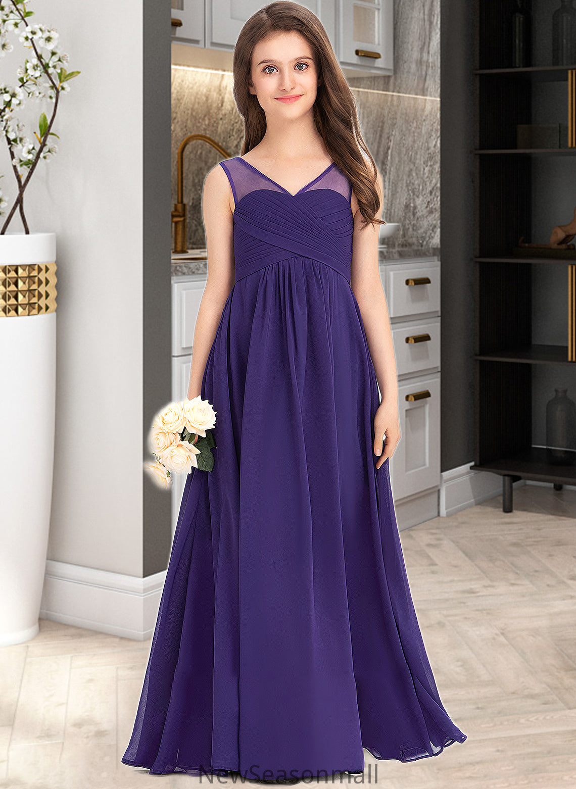 Andrea A-Line V-neck Floor-Length Chiffon Junior Bridesmaid Dress With Ruffle HEP0013642