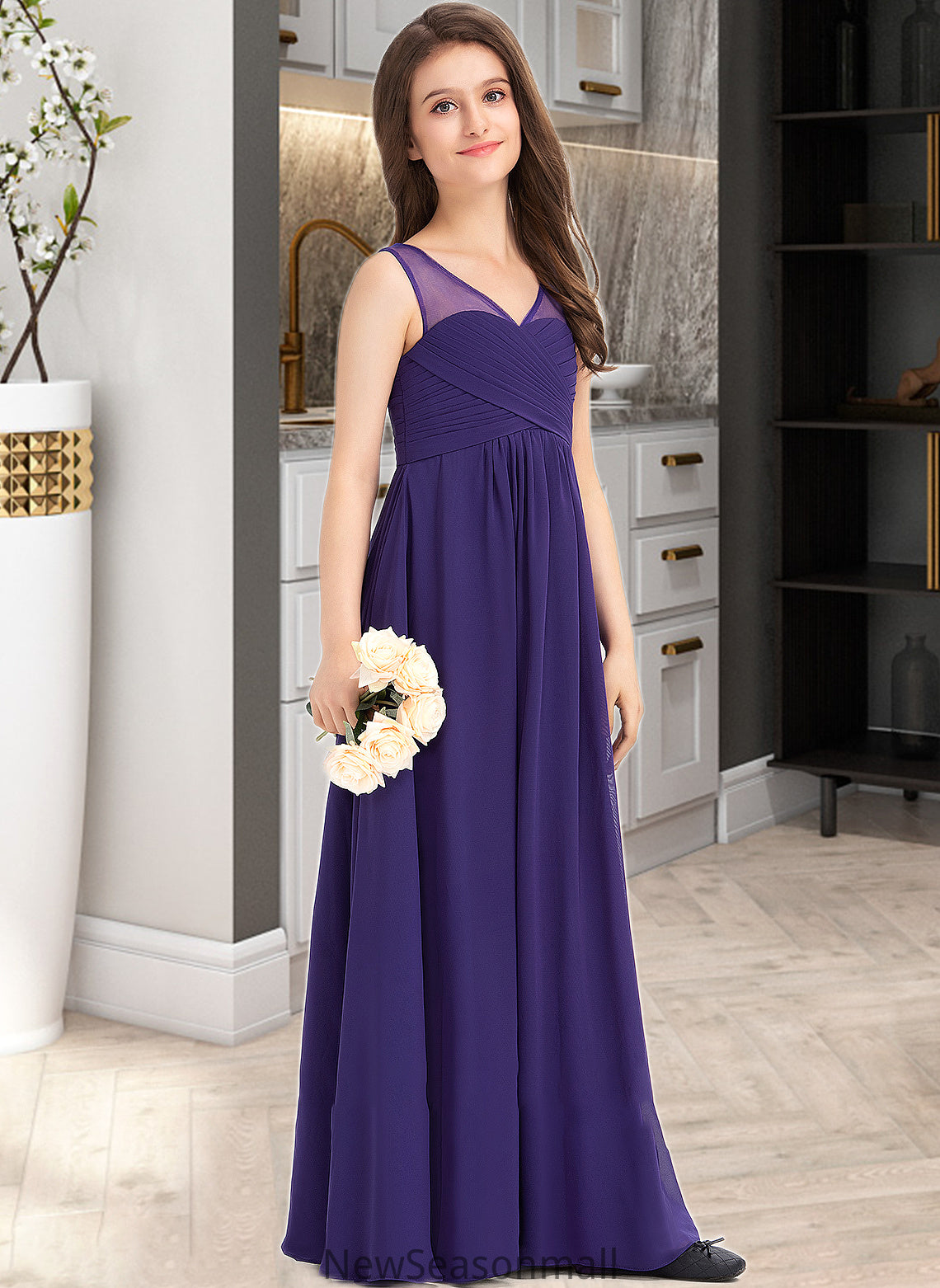 Andrea A-Line V-neck Floor-Length Chiffon Junior Bridesmaid Dress With Ruffle HEP0013642