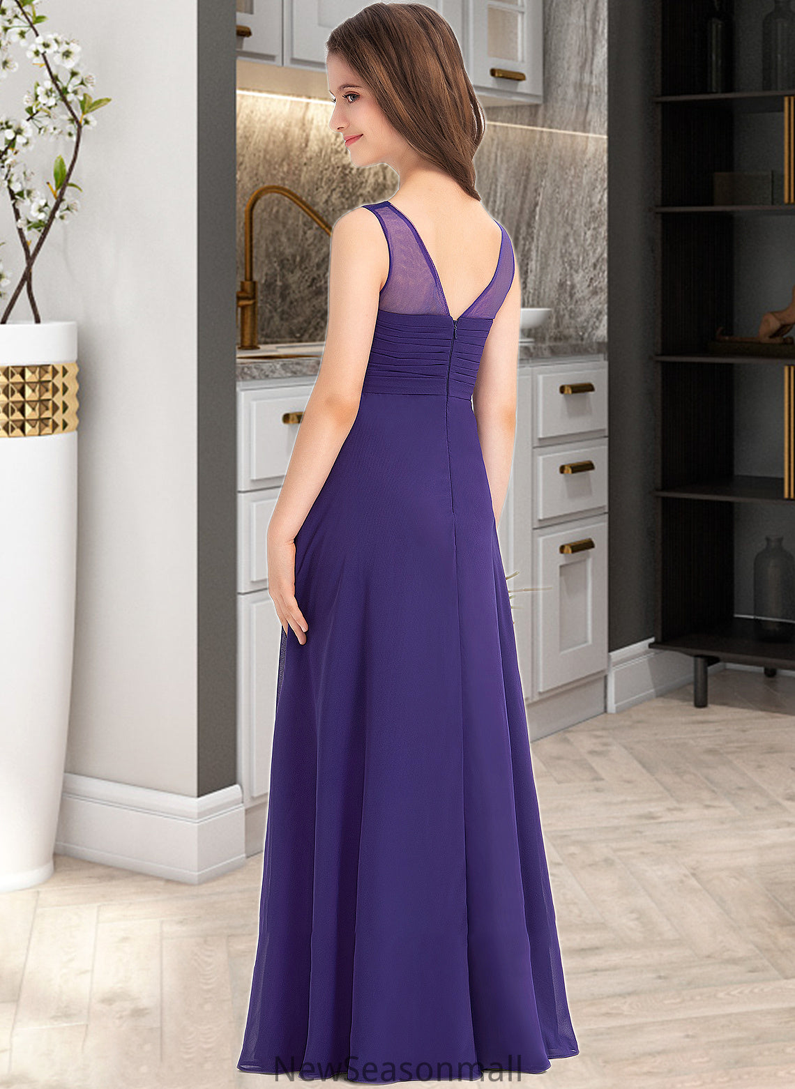 Andrea A-Line V-neck Floor-Length Chiffon Junior Bridesmaid Dress With Ruffle HEP0013642