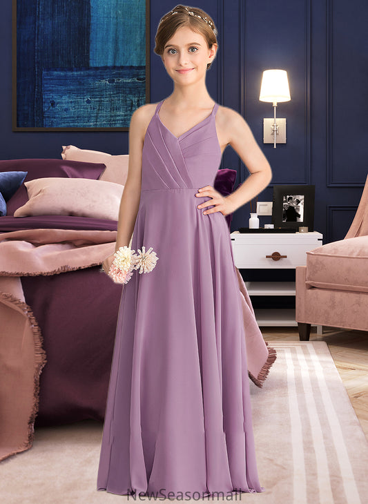 Gladys A-Line V-neck Floor-Length Chiffon Junior Bridesmaid Dress With Cascading Ruffles HEP0013644