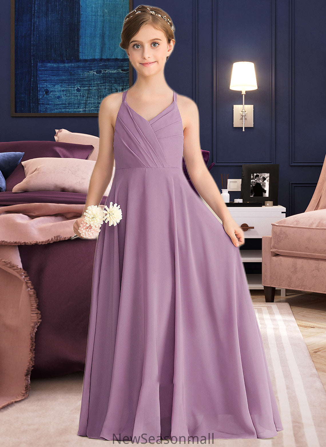 Gladys A-Line V-neck Floor-Length Chiffon Junior Bridesmaid Dress With Cascading Ruffles HEP0013644