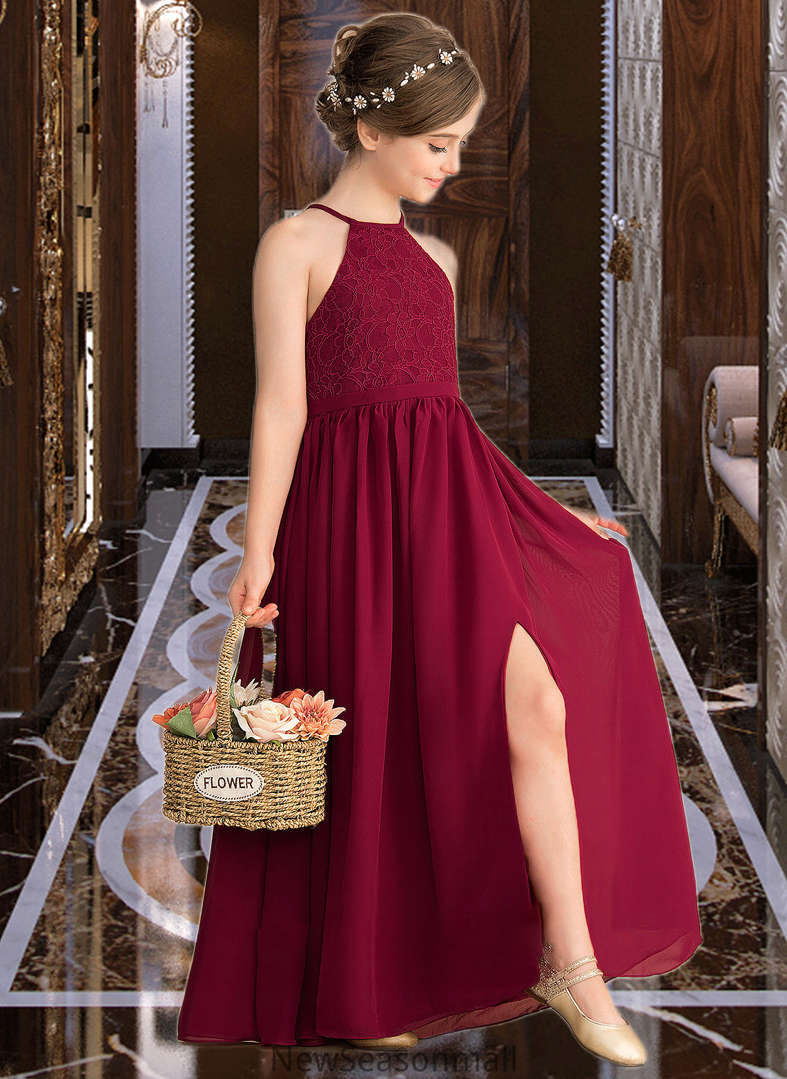 Clarissa A-Line Scoop Neck Floor-Length Chiffon Lace Junior Bridesmaid Dress With Split Front HEP0013645