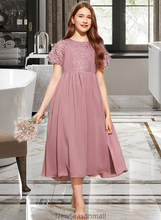 Rubi A-Line Scoop Neck Tea-Length Chiffon Lace Junior Bridesmaid Dress HEP0013648