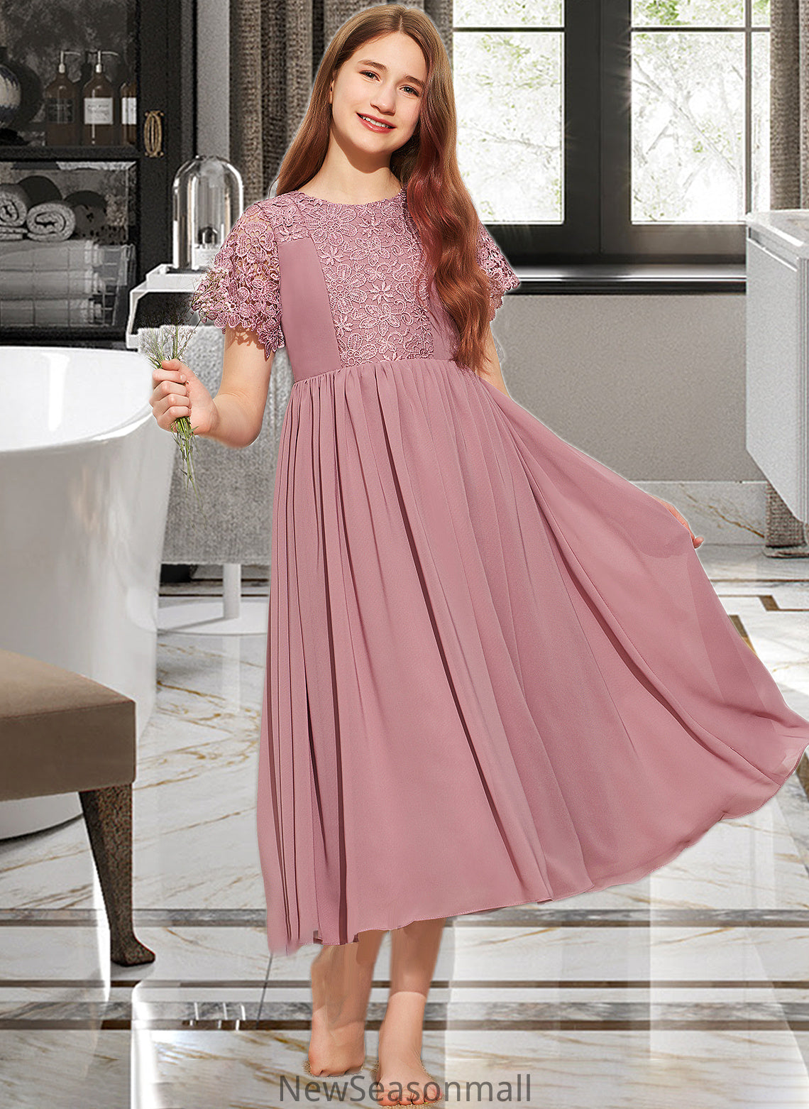 Rubi A-Line Scoop Neck Tea-Length Chiffon Lace Junior Bridesmaid Dress HEP0013648