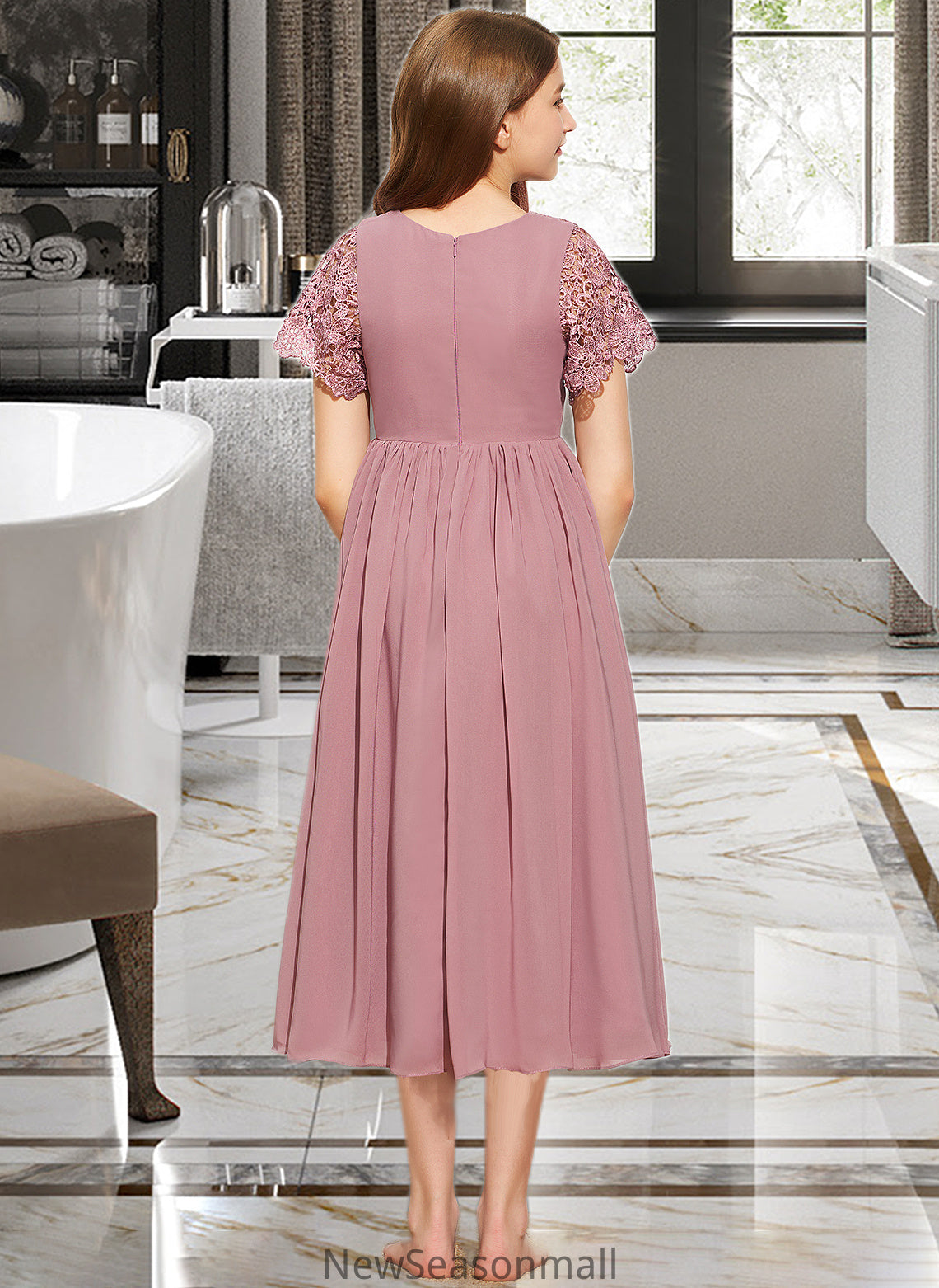 Rubi A-Line Scoop Neck Tea-Length Chiffon Lace Junior Bridesmaid Dress HEP0013648