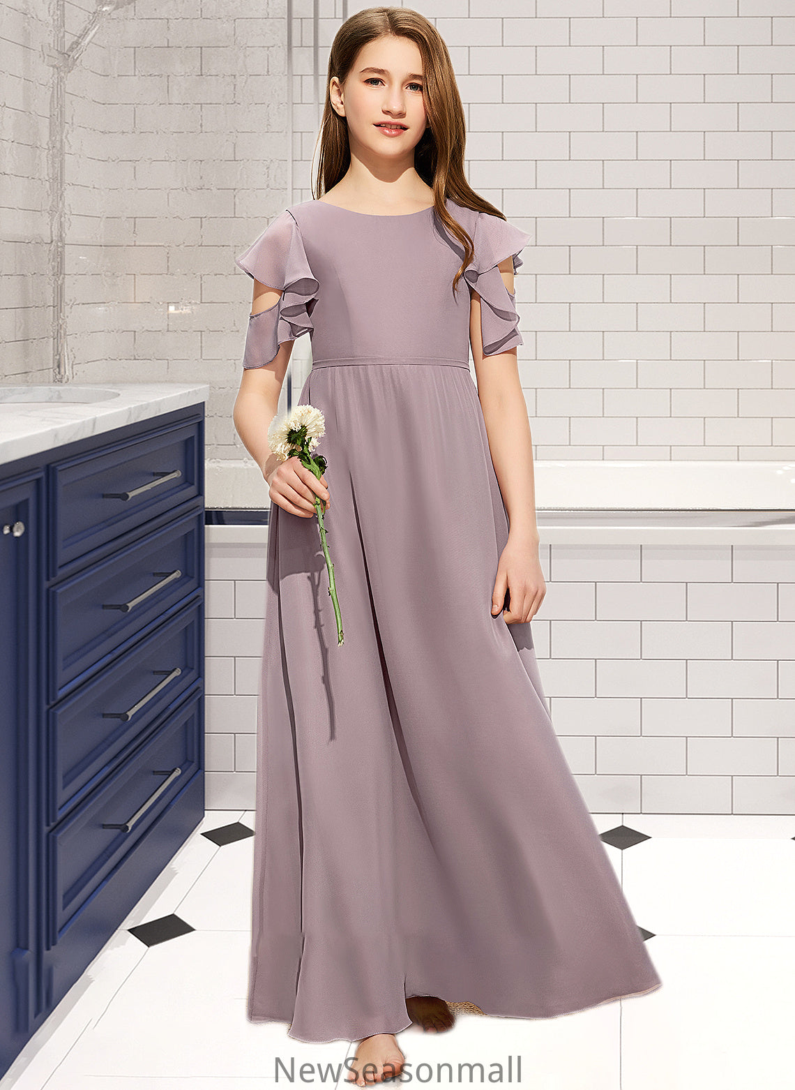 Elliana A-Line Scoop Neck Floor-Length Chiffon Junior Bridesmaid Dress With Cascading Ruffles HEP0013649