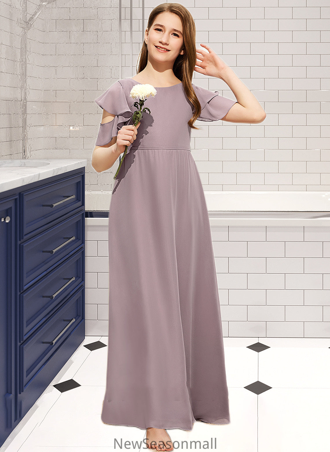 Elliana A-Line Scoop Neck Floor-Length Chiffon Junior Bridesmaid Dress With Cascading Ruffles HEP0013649