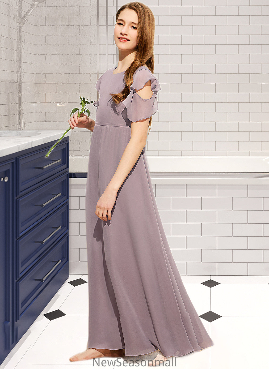 Elliana A-Line Scoop Neck Floor-Length Chiffon Junior Bridesmaid Dress With Cascading Ruffles HEP0013649