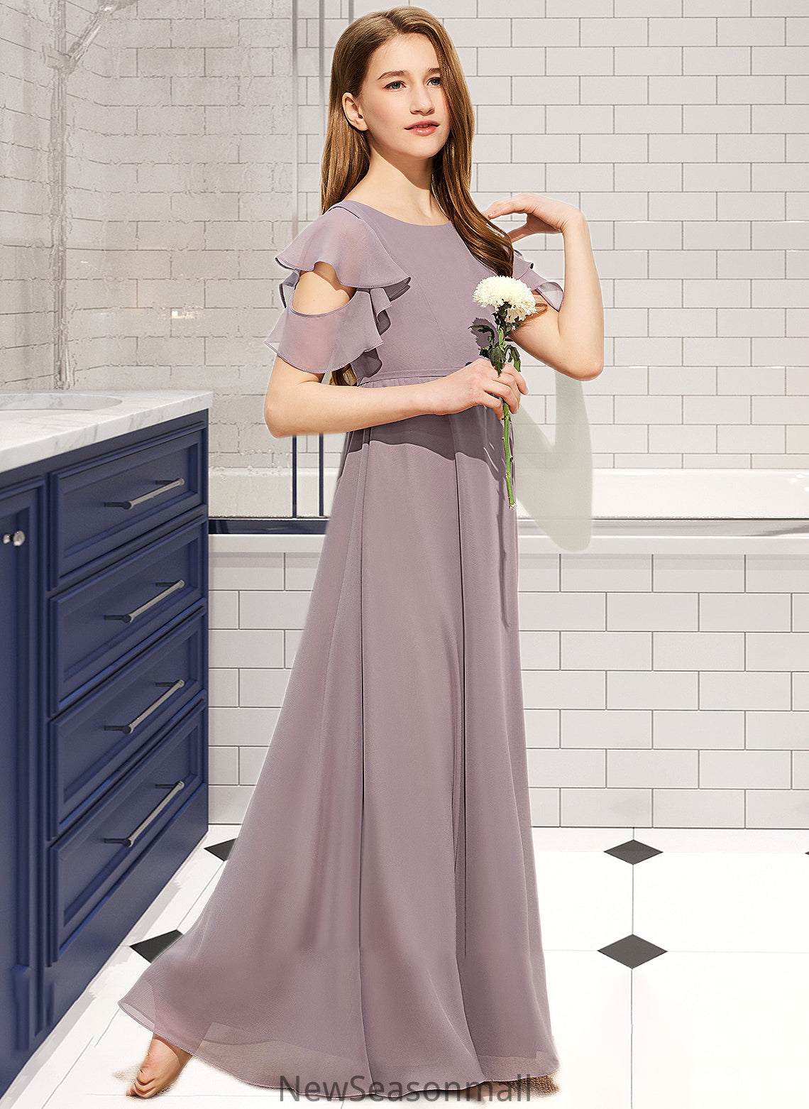 Elliana A-Line Scoop Neck Floor-Length Chiffon Junior Bridesmaid Dress With Cascading Ruffles HEP0013649