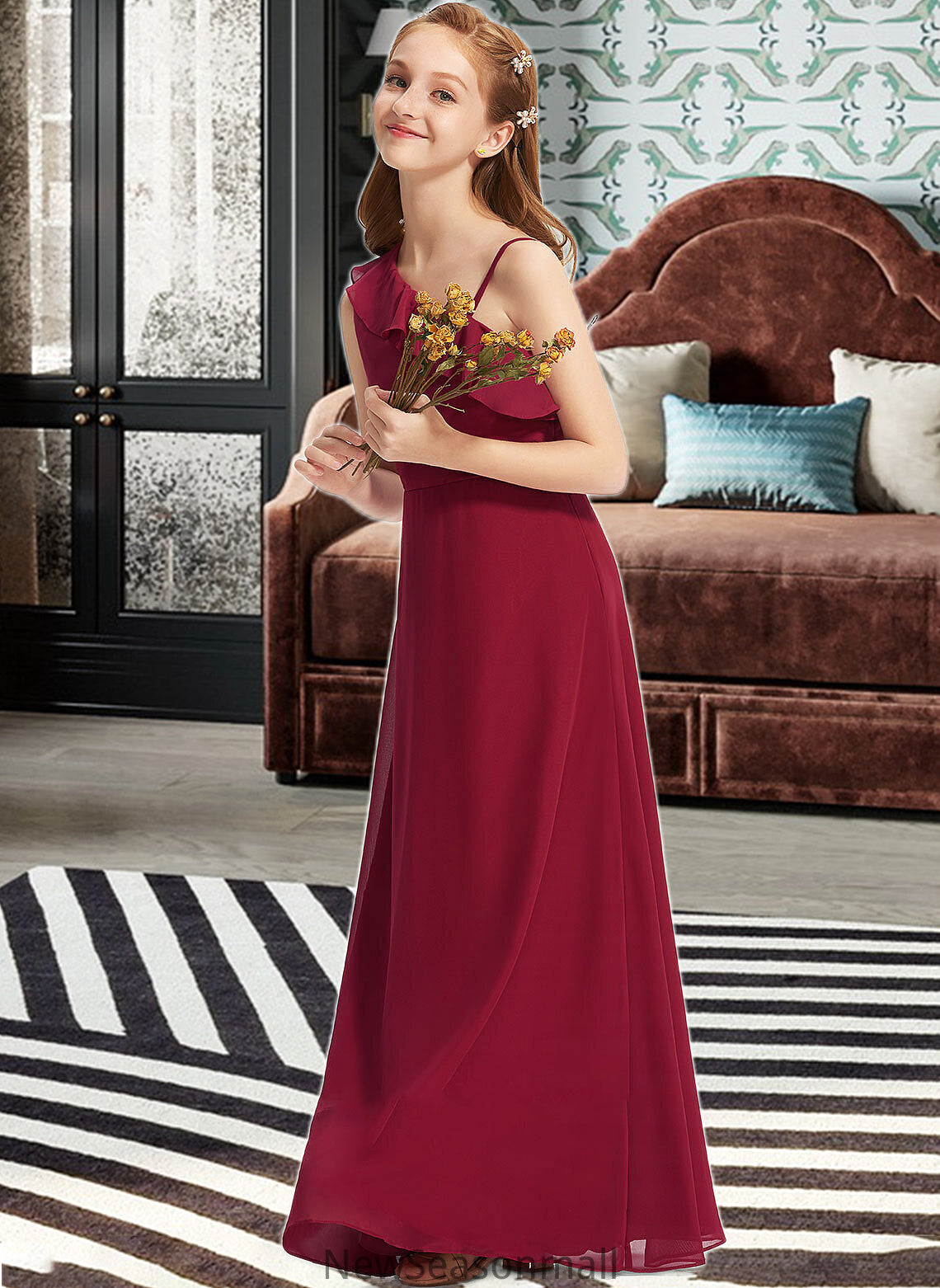 Caitlyn A-Line One-Shoulder Floor-Length Chiffon Junior Bridesmaid Dress With Ruffles HEP0013650