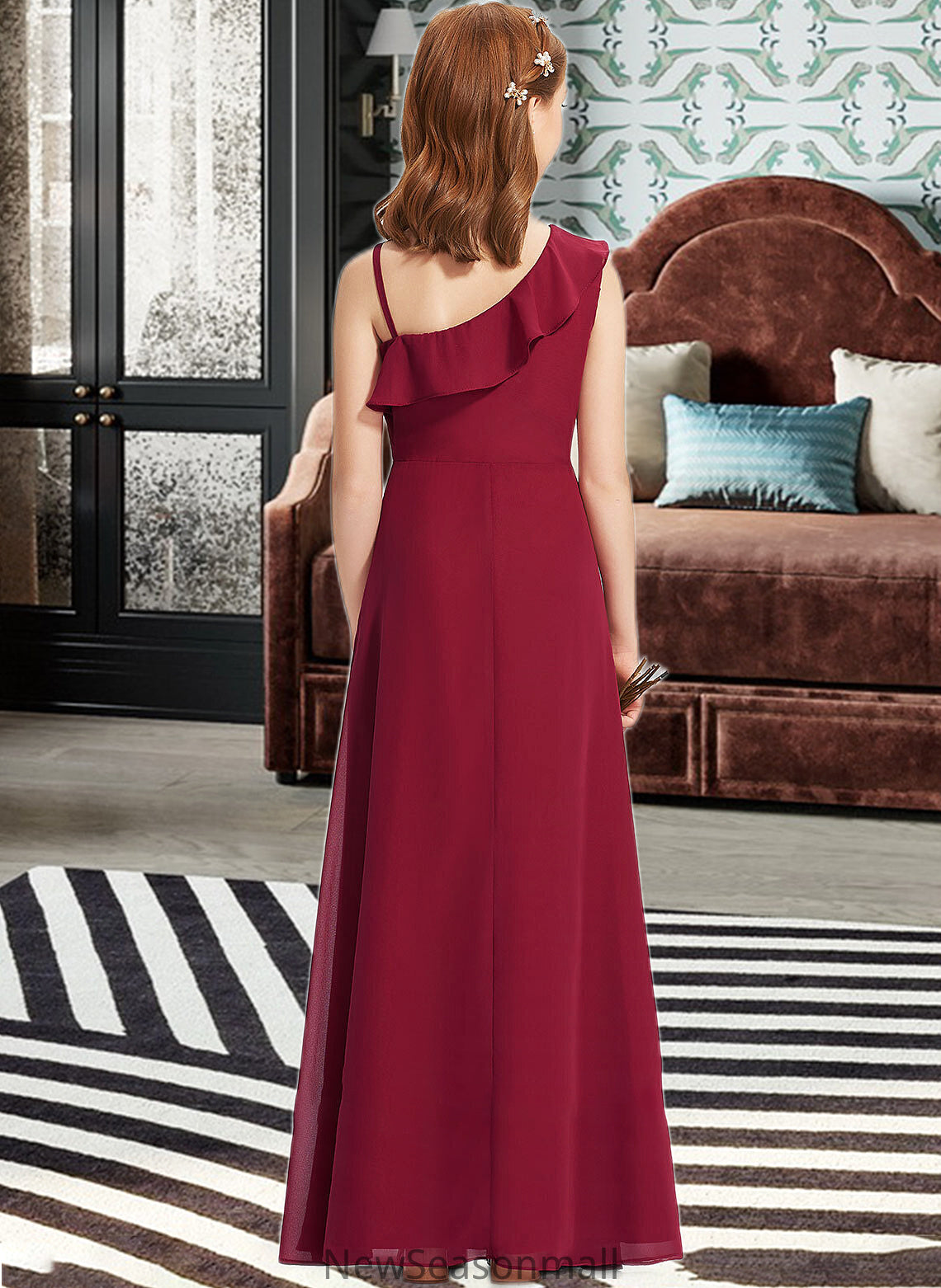 Caitlyn A-Line One-Shoulder Floor-Length Chiffon Junior Bridesmaid Dress With Ruffles HEP0013650