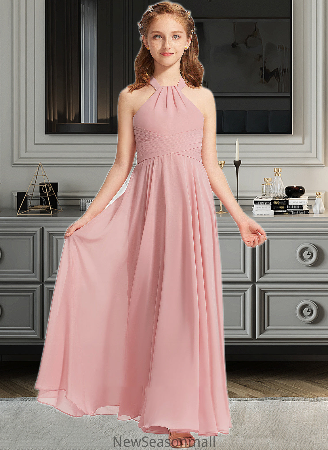 Cali A-Line Square Neckline Floor-Length Chiffon Junior Bridesmaid Dress With Ruffle HEP0013651