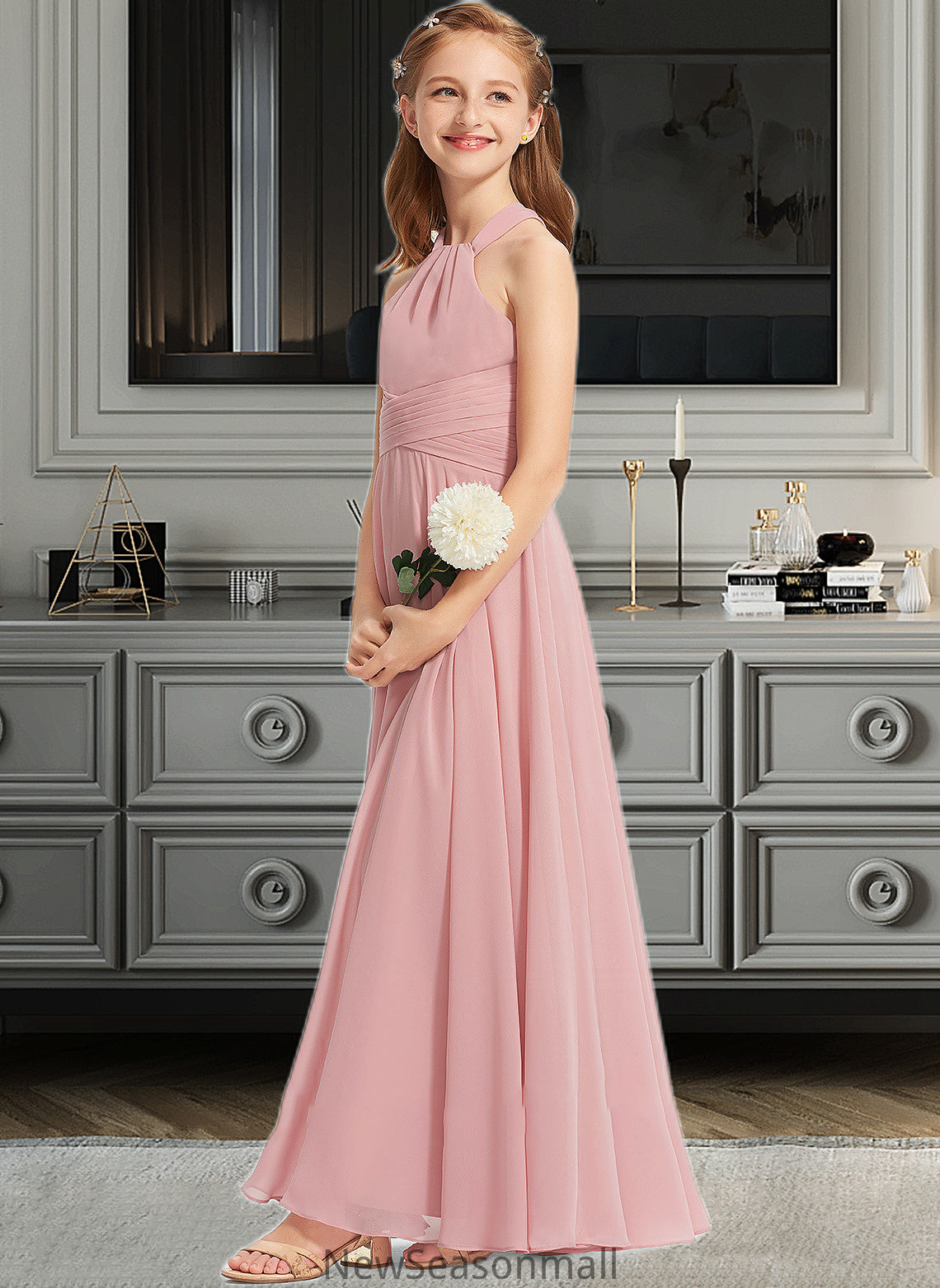 Cali A-Line Square Neckline Floor-Length Chiffon Junior Bridesmaid Dress With Ruffle HEP0013651