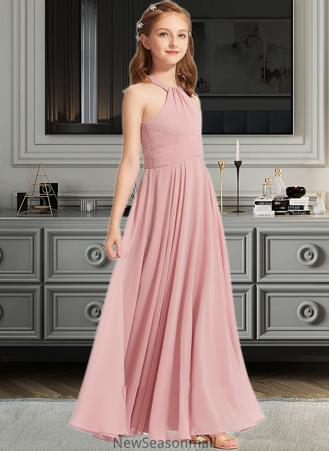 Cali A-Line Square Neckline Floor-Length Chiffon Junior Bridesmaid Dress With Ruffle HEP0013651