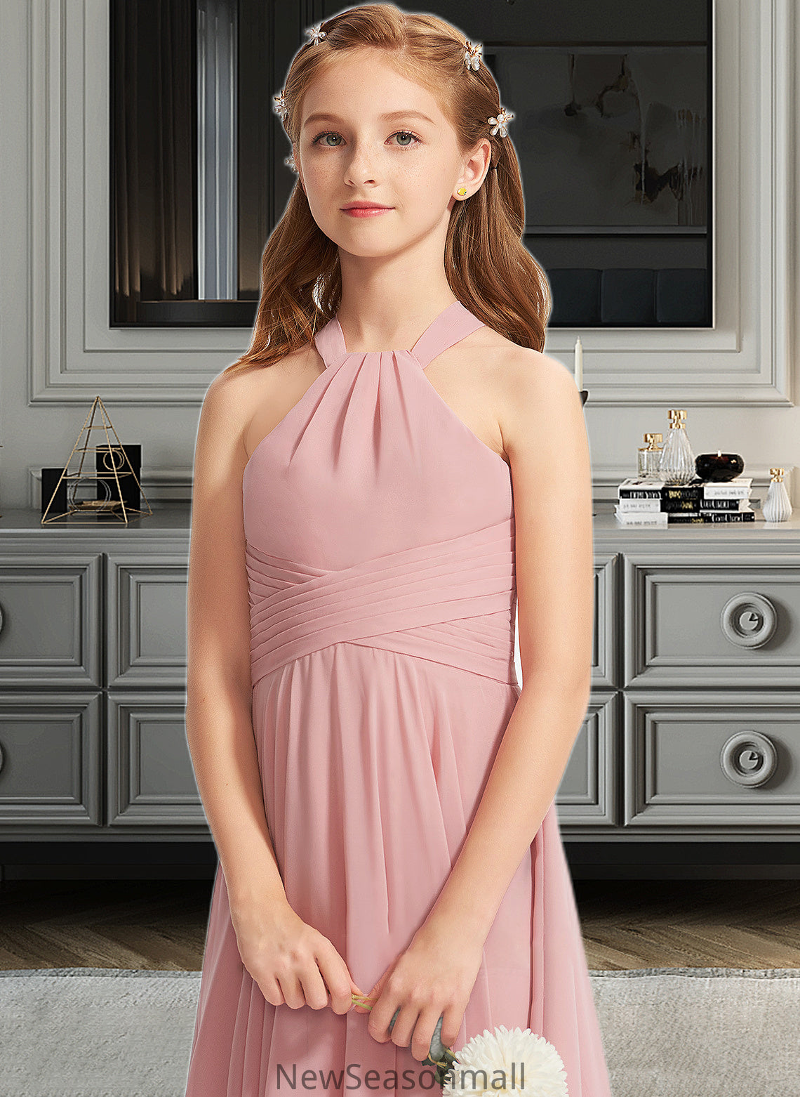 Cali A-Line Square Neckline Floor-Length Chiffon Junior Bridesmaid Dress With Ruffle HEP0013651