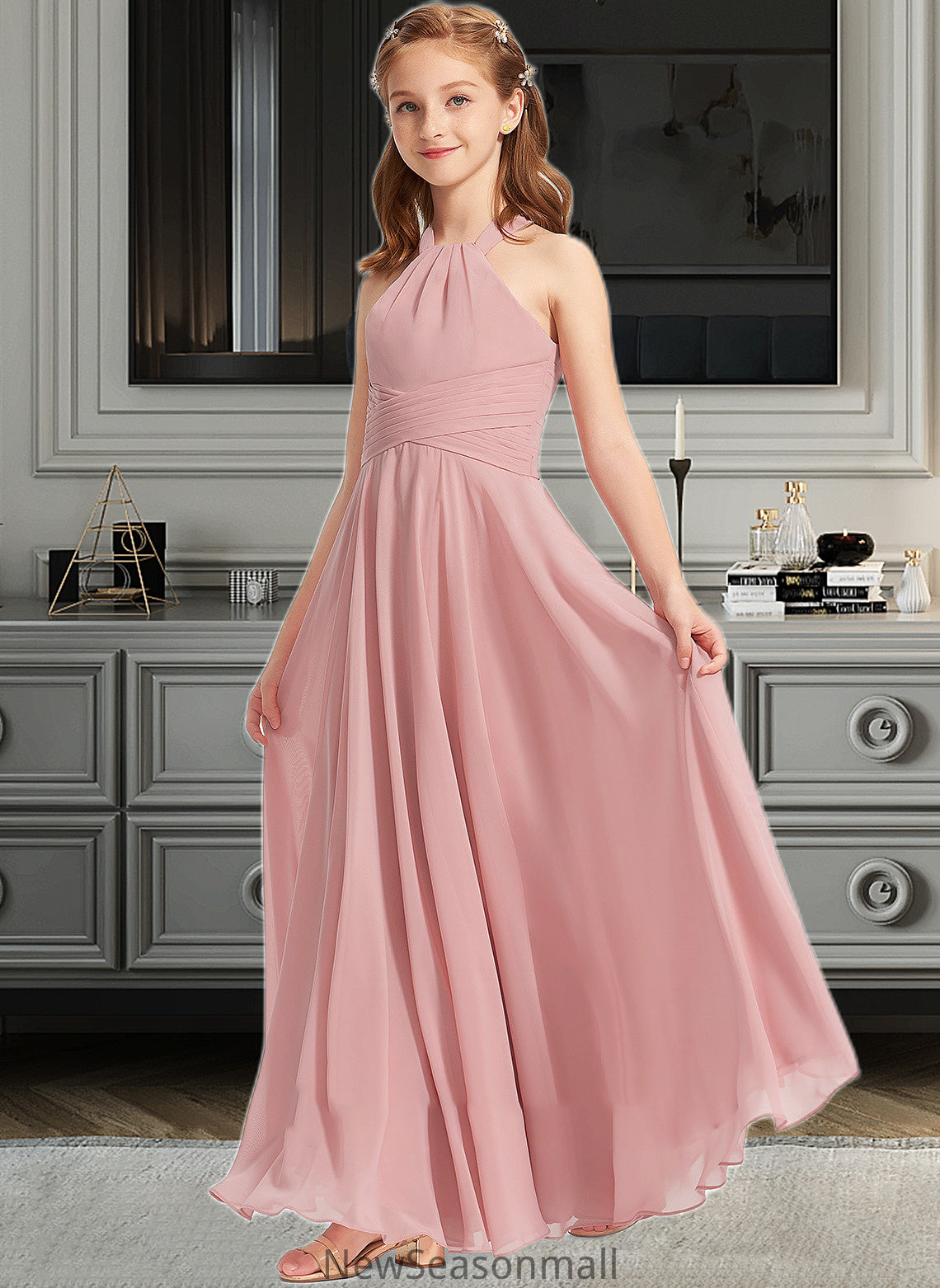 Cali A-Line Square Neckline Floor-Length Chiffon Junior Bridesmaid Dress With Ruffle HEP0013651