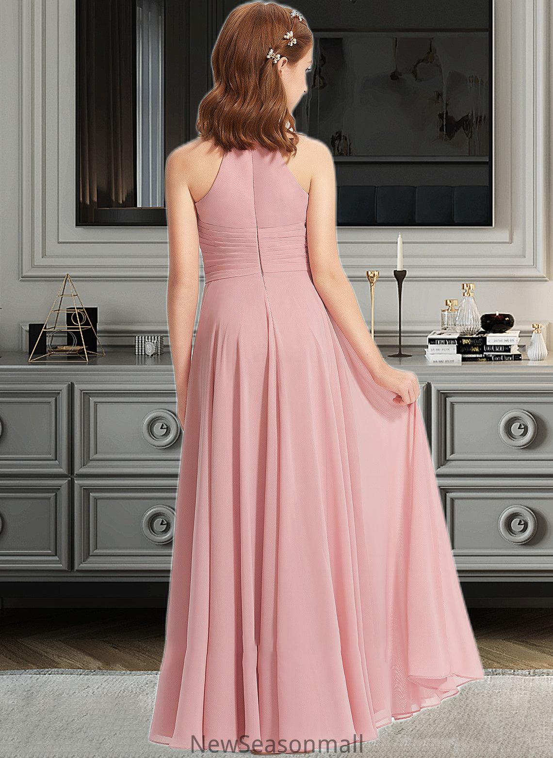 Cali A-Line Square Neckline Floor-Length Chiffon Junior Bridesmaid Dress With Ruffle HEP0013651