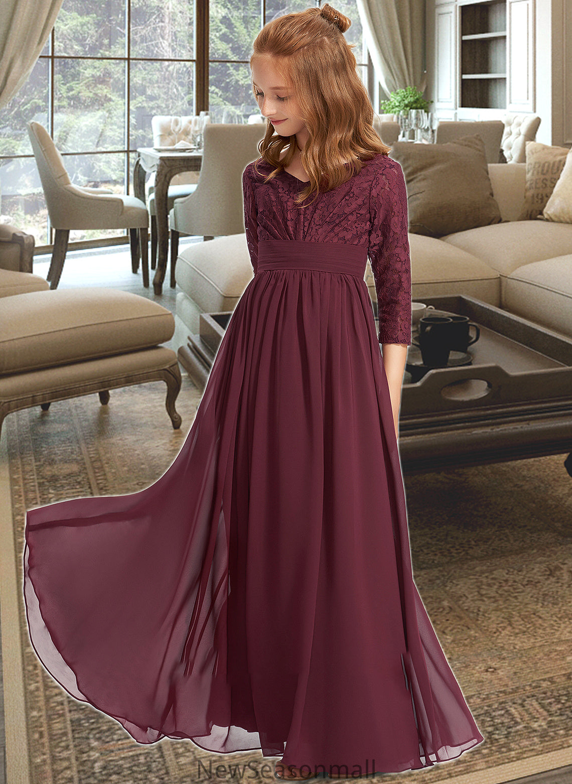 Chana A-Line V-neck Floor-Length Chiffon Lace Junior Bridesmaid Dress HEP0013652